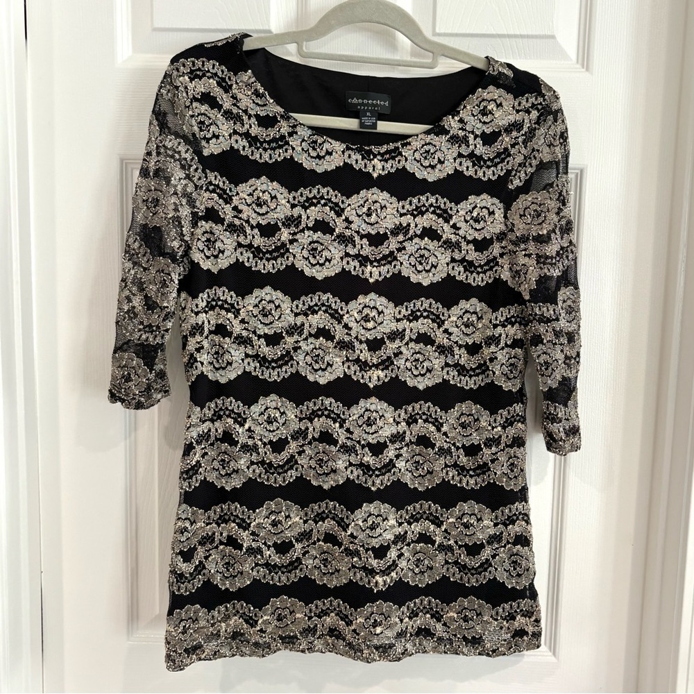 Connected Apparel Floral Lace Striped Black 1/2 Sleeve Blouse Women Sz XL